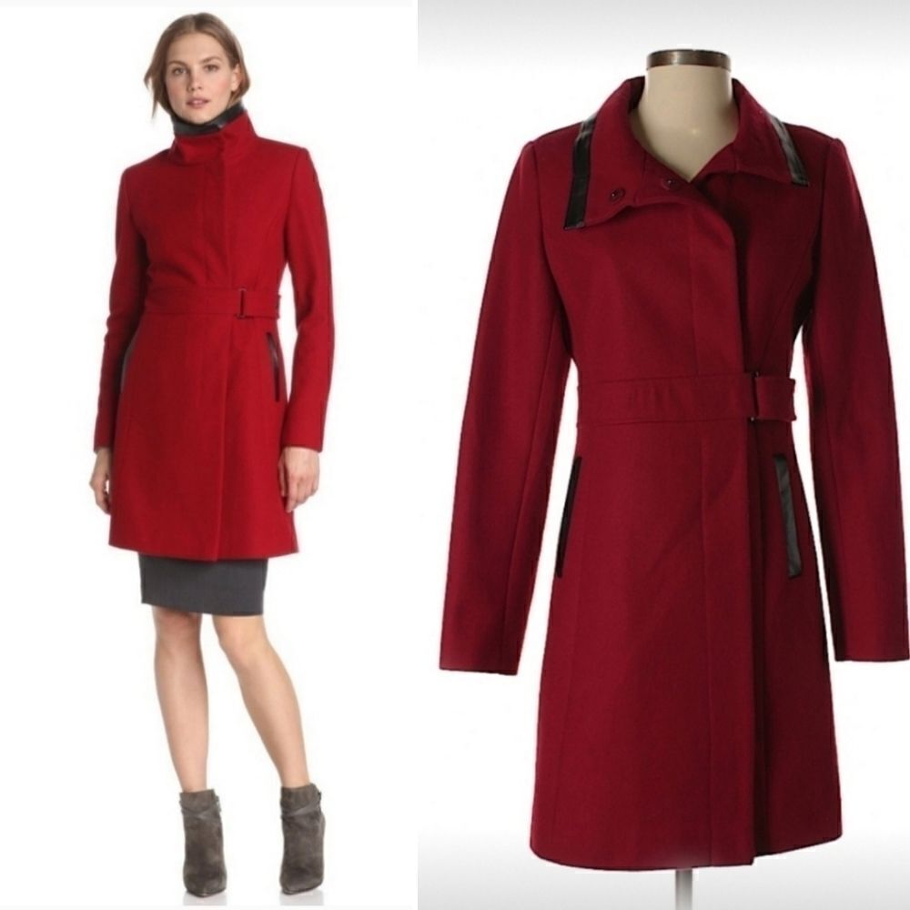 Via Spiga Red Wool Blend Black‎ Faux Leather Belted Midi Trench Coat Peacoat 10